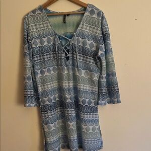 Pacific Beach M Blue Geometric Swim Tunic Top lace up Vneck